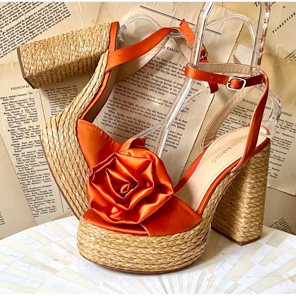 Free People Paloma Barcelo Isona Flower Platform Sandal Orange Satin 40/10 NEW